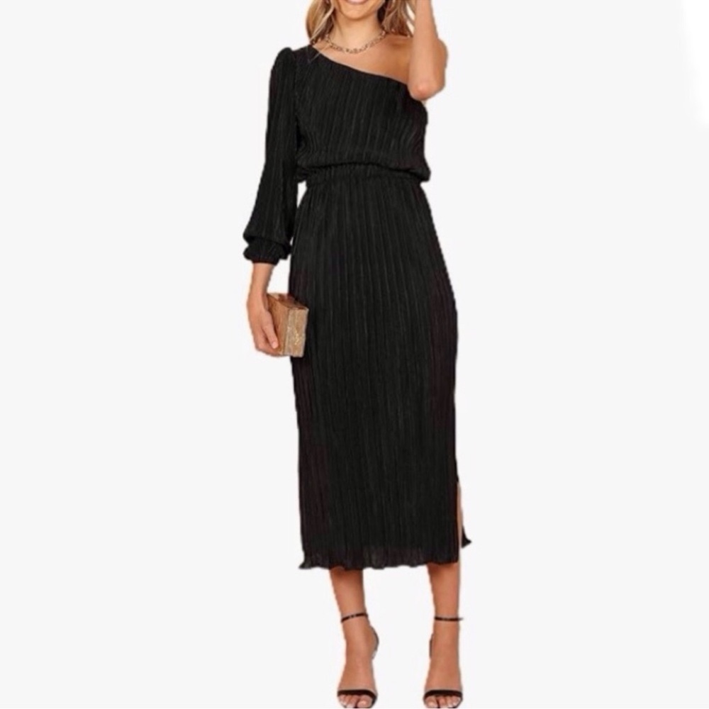 Petal & Pup Black Pleated One Shoulder Midi Dress Size XL Wedding Guest LBD